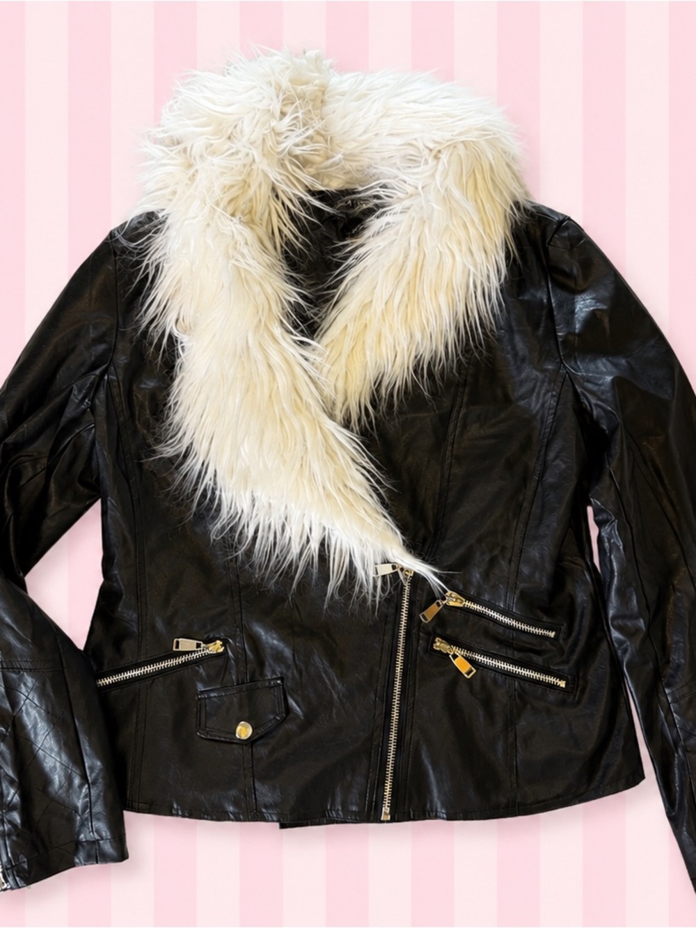Y2K WENXI Black Faux Leather Moto Jacket White Faux Fur Collar